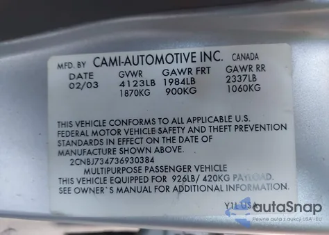 2003 Chevrolet Tracker Hard Top Zr2 z USA, uszkodzony, nr VIN 2CNBJ734736930384